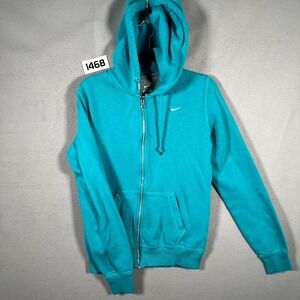 Nike Jacket Womens Small Teal Blue Swoosh Logo‎ Fleece Ribbed Hem Long Sleeve